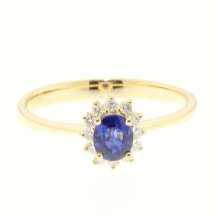 18krt Geelgoud Diamanten Saffier Rozet ring
