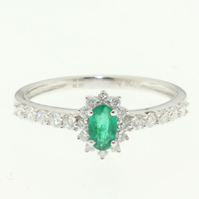 18krt Witgoud Diamanten Smaragd Rozet ring - Afbeelding 2