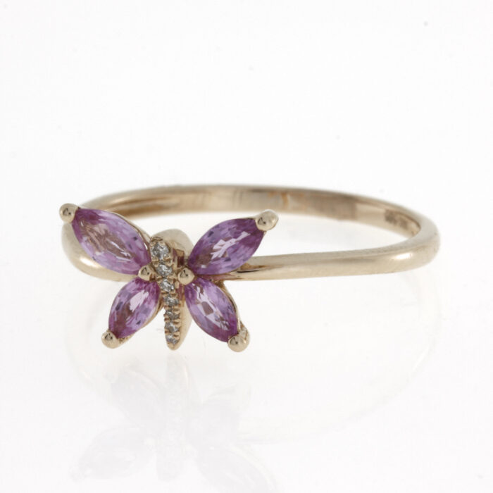 Fantasie Vlinder ring 14krt rosé goud met roze saffier en diamanten
